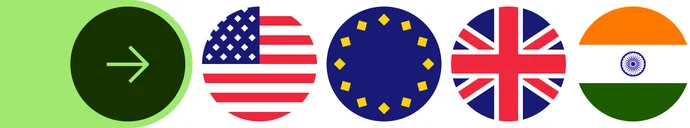 Pointing arrow in a green circle and United States, Europe, United Kingdom and India flags