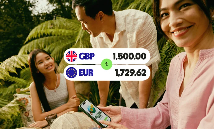 Three smiling friends outdoors; one holds a phone showing a Wise balance in GBP and EUR.