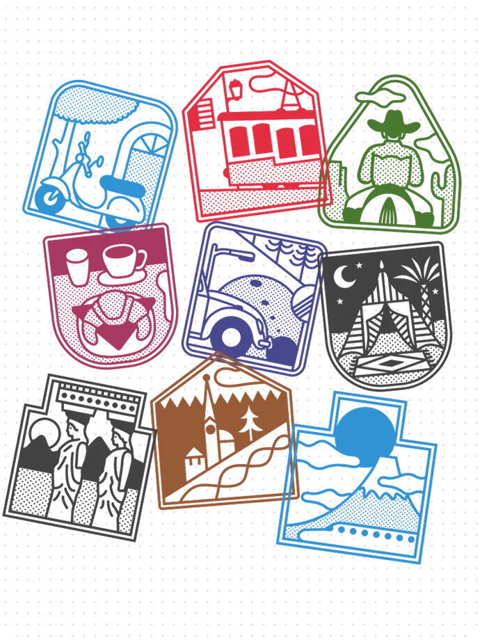 Nine illustrated travel stamps in various colours showing scenes like a desert tent, mountains, and a forest church.