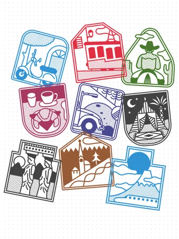 Nine illustrated travel stamps in various colours showing scenes like a desert tent, mountains, and a forest church.