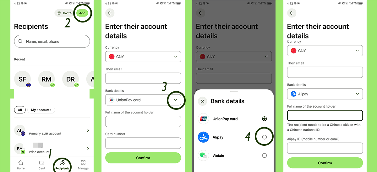 How to use wise to transfer money to alipay and wechat