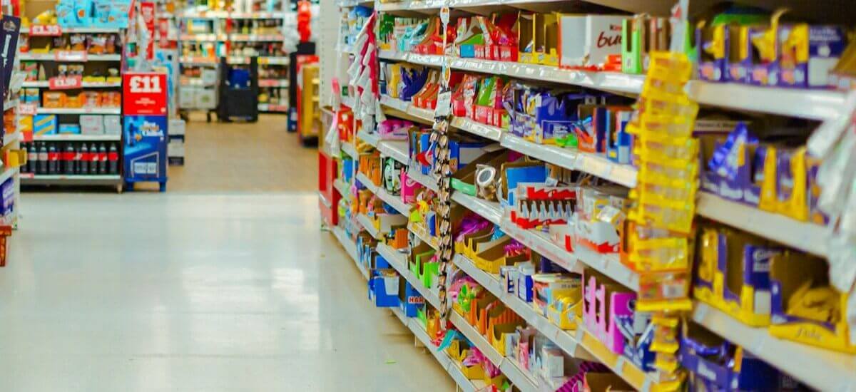 UK supermarket snacks and chocolate aisle