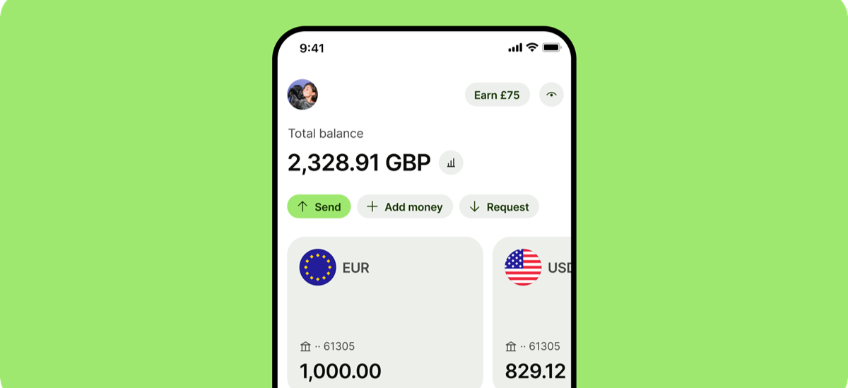 Wise account screenshot on green background