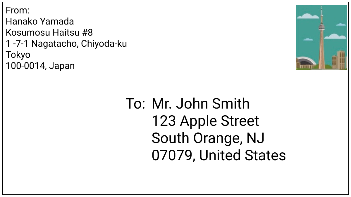 手書きで手紙に英語の住所を書く場合の例についての画像