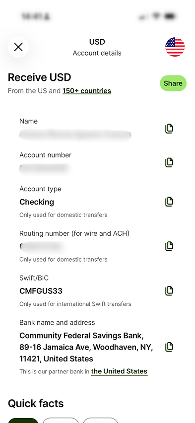 USD account details in Wise