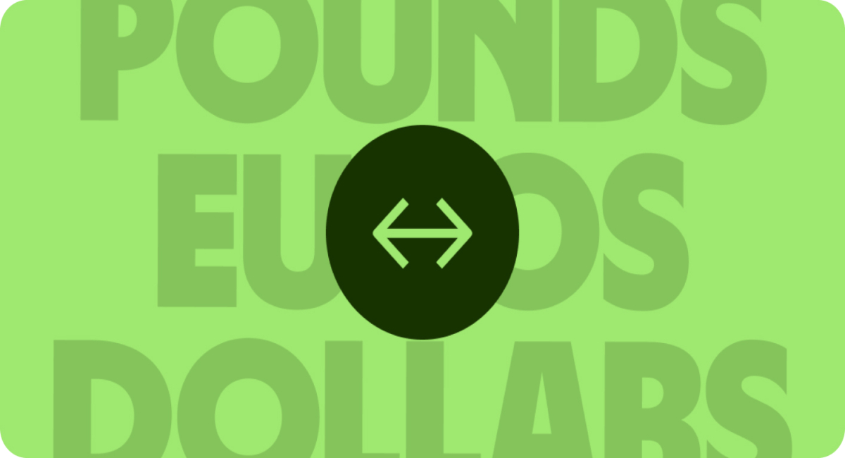 Graphic with pounds, euros and dollars written on a green background