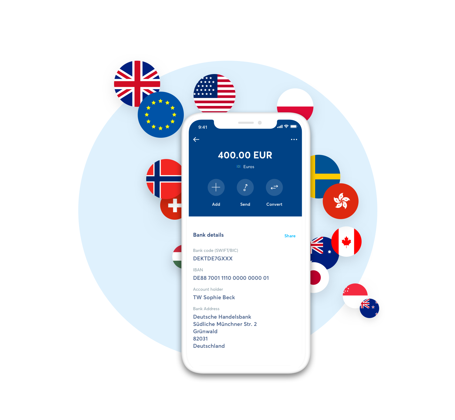 Conservez et convertissez plus de 50 devises.