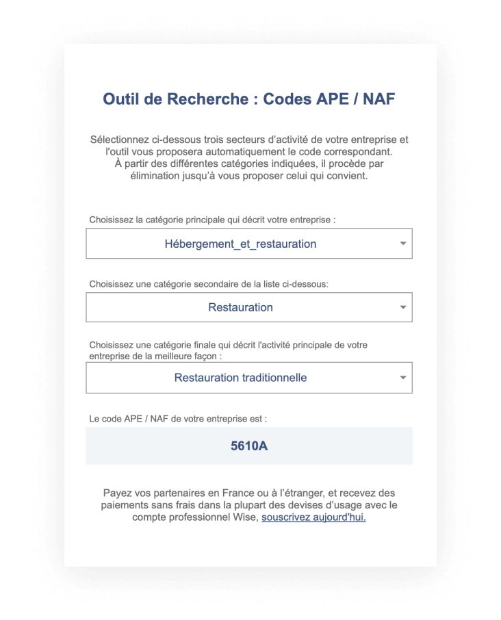 trouver code ape