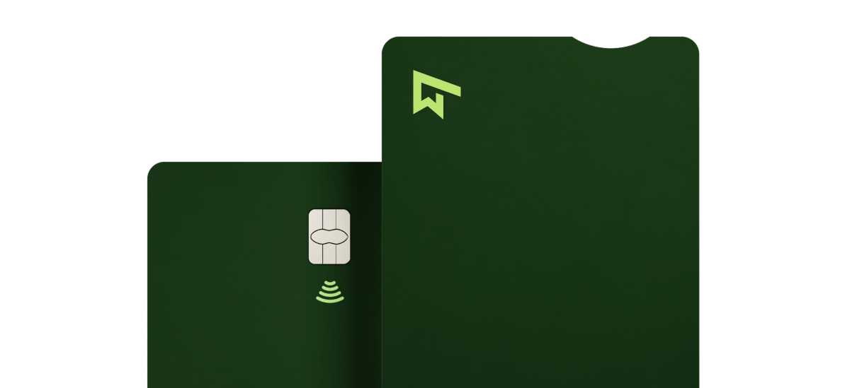 Dark green business debit card with RFID sleeve.