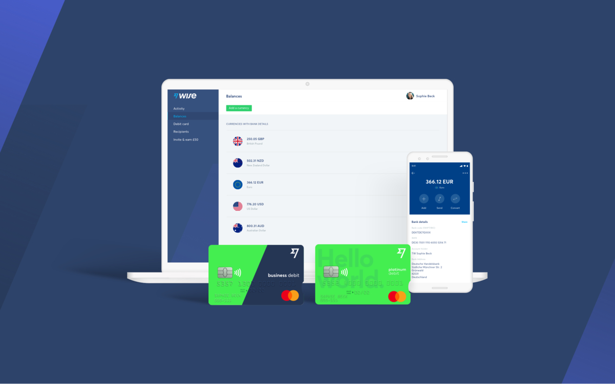 Wise products shown - the card, laptop and mobile interdace