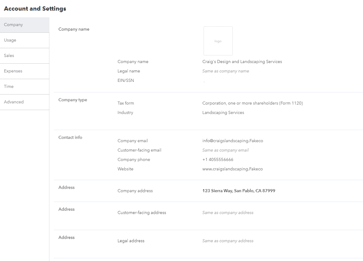 Image of the page where general business information can be set