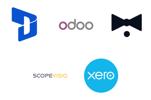 Mehrere Symbole, die die Logos verschiedener Buchhaltungsprogramme darstellen.