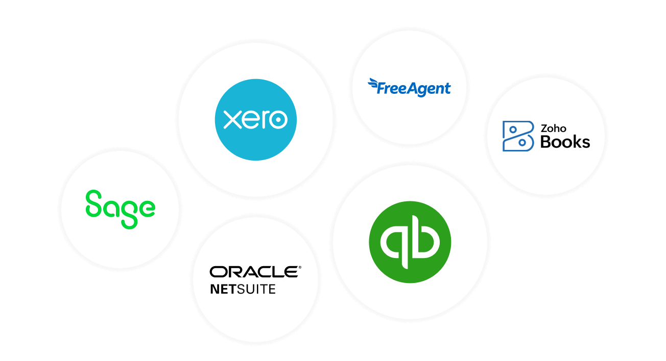 Oracle Netsuite、Quickbooks、Zoho Books、FreeAgent、Sage、Xeroのロゴ。