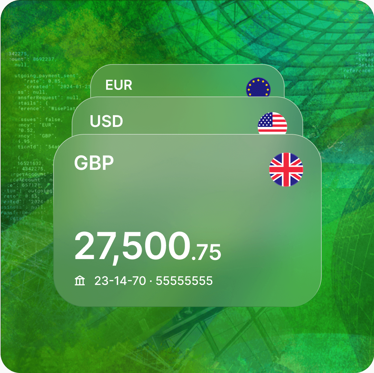Three stacked, translucent cards display currency balances for EUR, USD, and GBP on a green tapestry background.