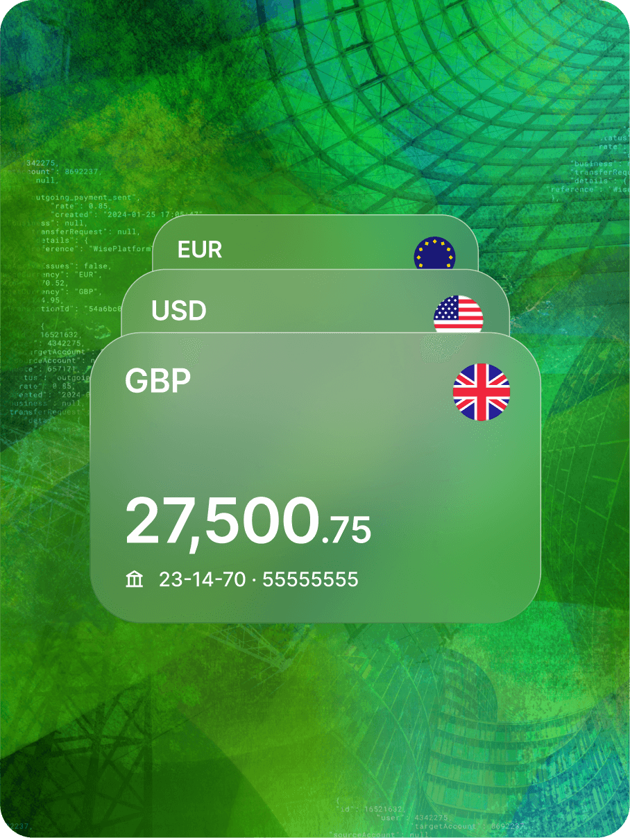 Three stacked, translucent cards display currency balances for EUR, USD, and GBP on a green tapestry background.