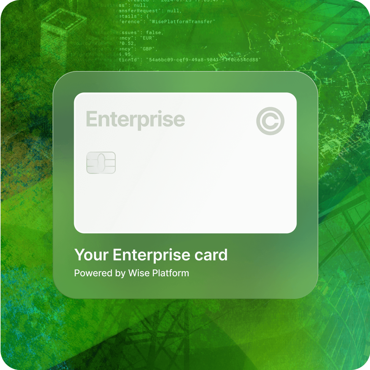 A white generic debit card overlayed on a green tapestry background.