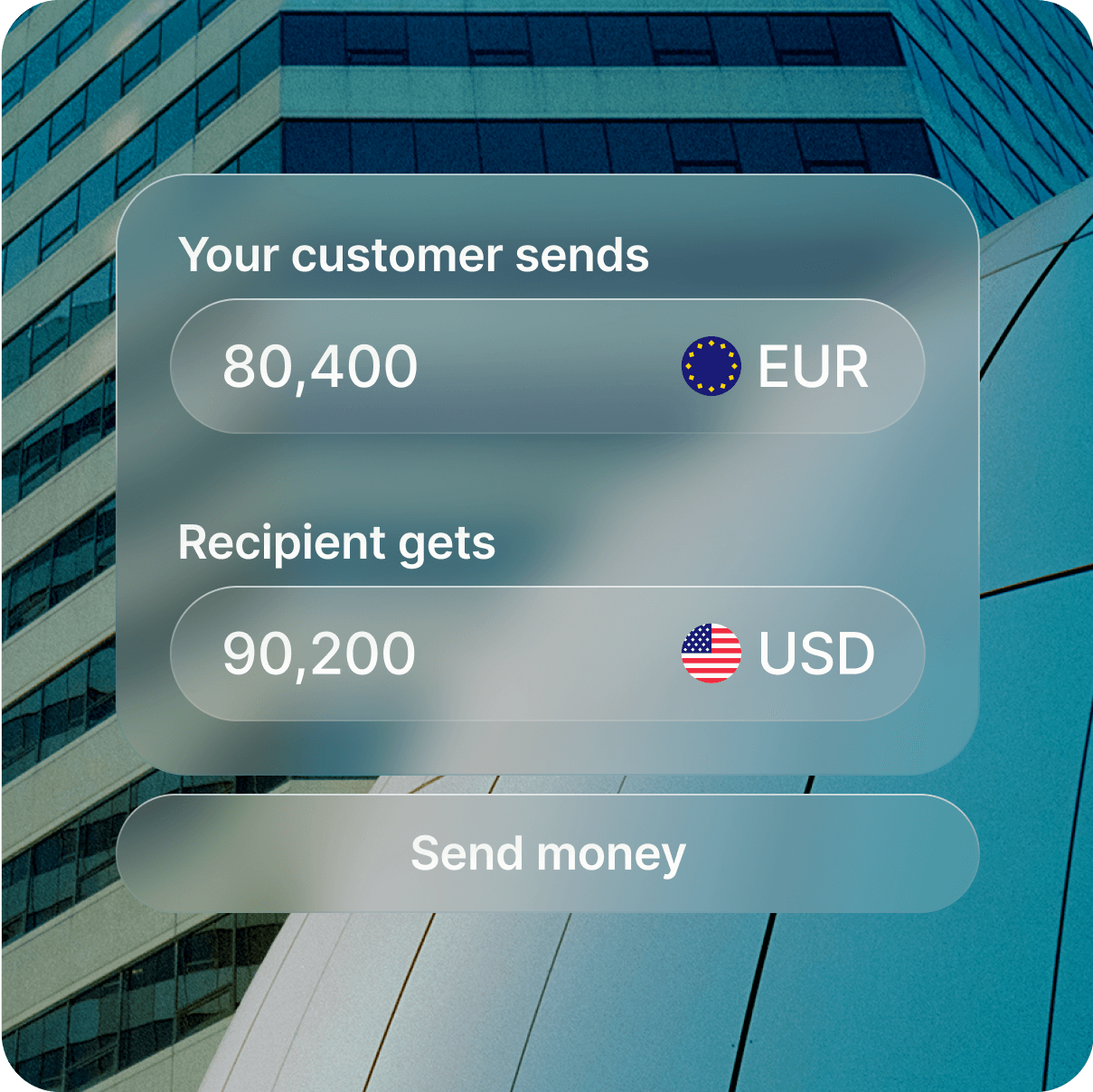 A translucent interface displays an EUR to USD currency conversion, against a blurred backdrop of a modern building.