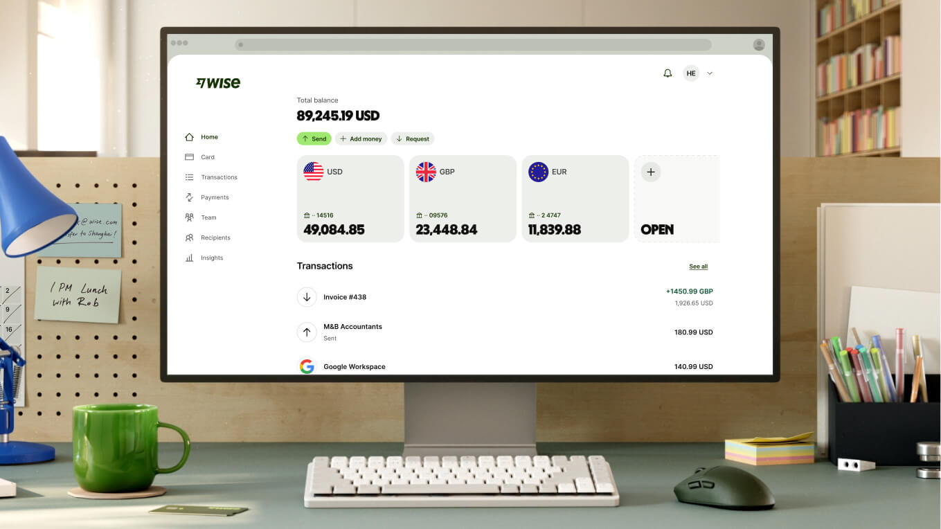 A close-up shot of a modern workspace shows a white computer monitor displaying the Wise dashboard. The screen shows a total balance of "89,245.19 USD" and three main currency accounts: USD with "49,084.85," GBP with "23,448.84," and EUR with "11,839.88," followed by an option to open a new account. Recent transactions are listed below. In front of the monitor is a compact white keyboard, a dark grey mouse, and a bright green ceramic mug.